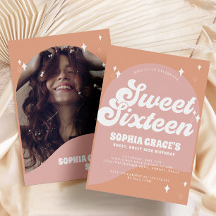 Pink and Orange Boho Arch & Photo Retro Sweet 16 Invitation