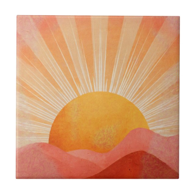 Pink and Orange Boho Sunrise Ceramic Tile (Front)