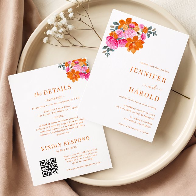 Pink and Orange Bright Floral Wedding & Details Invitation (Creator Uploaded)