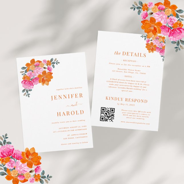 Pink and Orange Bright Floral Wedding & Details Invitation (Creator Uploaded)