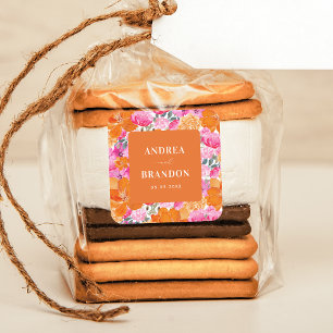 Pink and Orange Bright Summer Floral Wedding Square Sticker