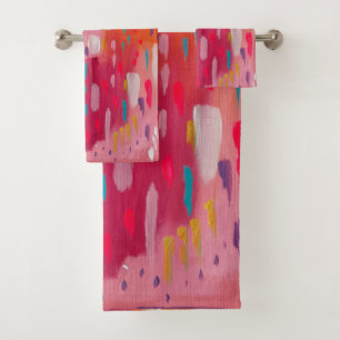 Pink and Orange Brush Marks Abstract Bath Towel Set