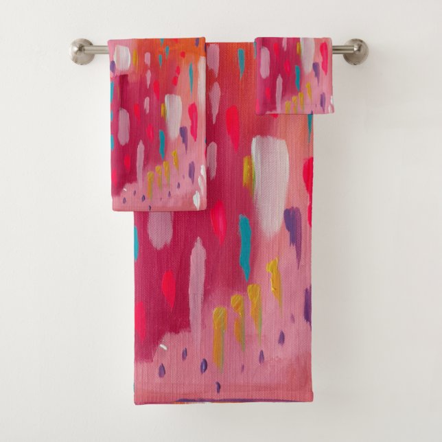 Pink and Orange Brush Marks Abstract  Bath Towel Set (Insitu)