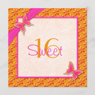 Pink and Orange Butterfly Sweet Sixteen Invitation