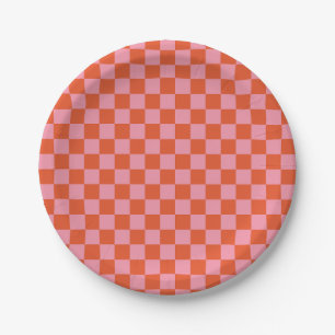 Pink and Orange Check Round Paper Plate