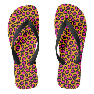 Pink and orange cheetah print flip flops