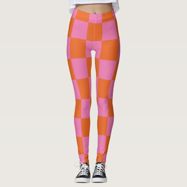 Pink and Orange Chequered Pattern Leggings (Front)