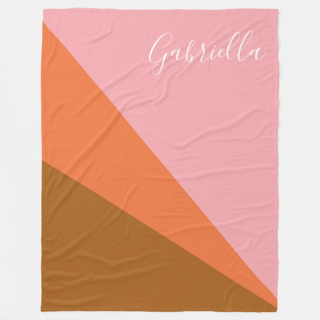 Pink and Orange Colour Block Geometric Personalise Fleece Blanket (Front)