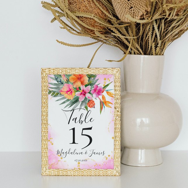 Pink and Orange Colourful Tropical Floral Wedding Table Number (Creator Uploaded)