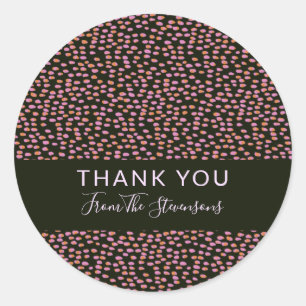 Pink and Orange Confetti Dots on Black Thank You Classic Round Sticker