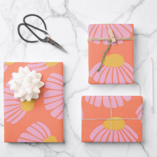 Pink and Orange Daisy Flower Pattern Wrapping Paper Sheet