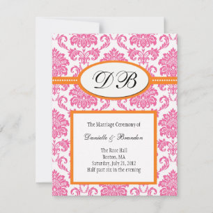 Pink and Orange Damask Monogram Wedding Invitation