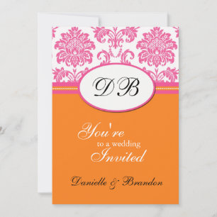 Pink and Orange Damask Monogram Wedding Invitation