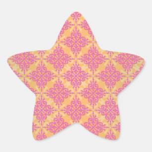 PInk and Orange Damask Pattern Star Sticker