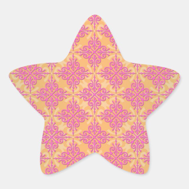 PInk and Orange Damask Pattern Star Sticker (Front)