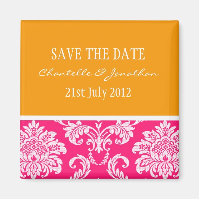 Pink and Orange Damask Save The Date Magnet (Front)