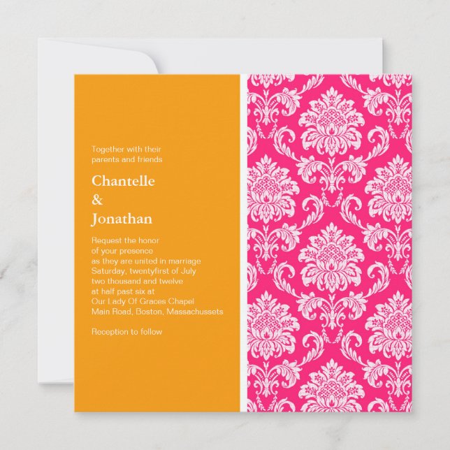 Pink and Orange Damask Wedding Invitation (Front)