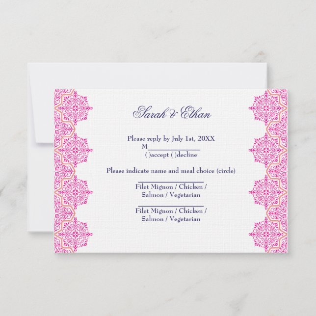 Pink and Orange Damask Wedding RSVP Cards (Front)