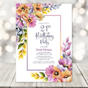 Pink and Orange Floral 21st Birthday Party Invitation