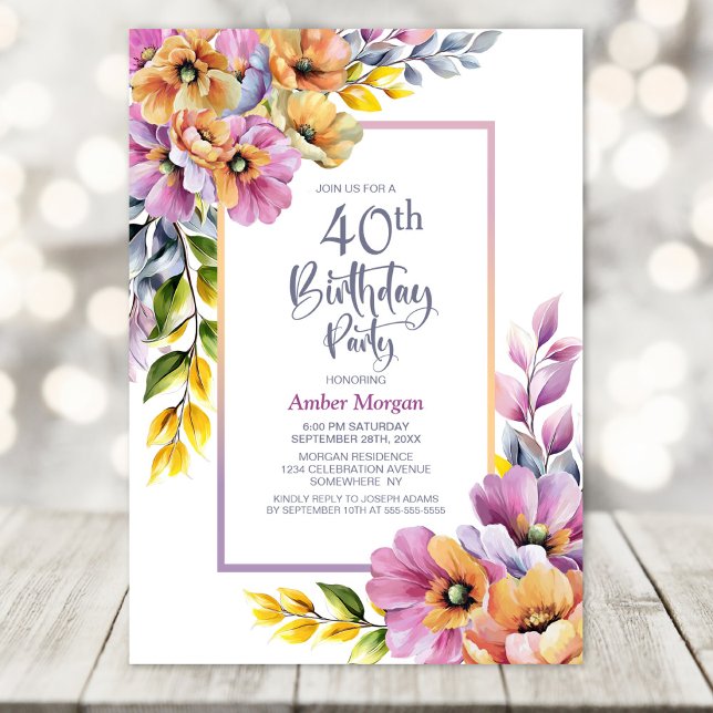 Pink and Orange Floral 40th Birthday Party Invitation (Creator Uploaded)