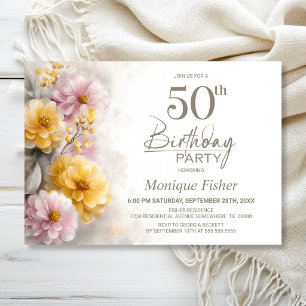 Pink and Orange Floral 50th Birthday Party Invitation