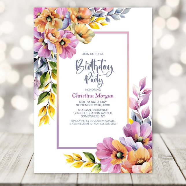 Pink and Orange Floral Any Age Birthday Party Invitation (Creator Uploaded)