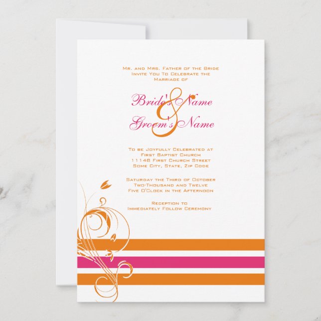 Pink and Orange Floral Bars Wedding Invitation (Front)