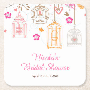 Pink and Orange Floral Bird Cages Bridal Shower Square Paper Coaster