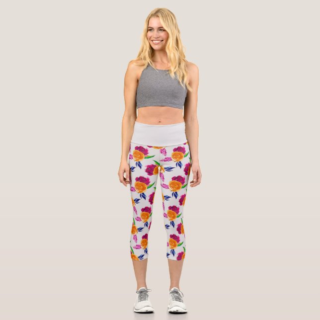 Pink and Orange Floral Capri Leggings (Front)