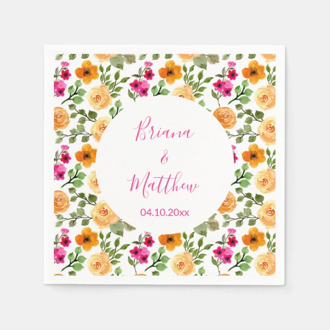 Pink and Orange Floral Elegant Script Napkin (Front)