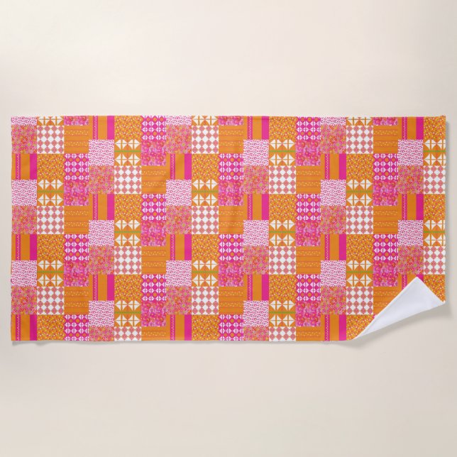 Pink and orange floral patchwork Beach Towel (Front)