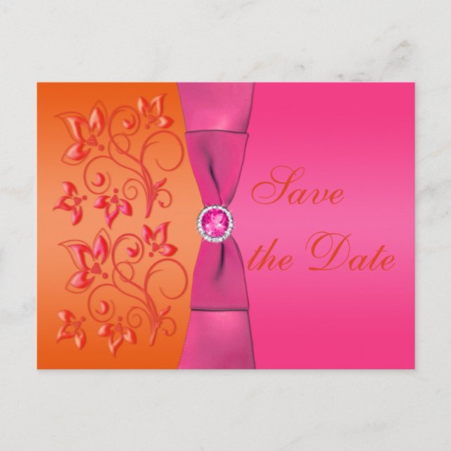 Pink and Orange Floral Save the Date Postcard (Front)
