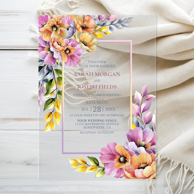 Pink and Orange Floral Wedding Acrylic Invitations (Creator Uploaded)