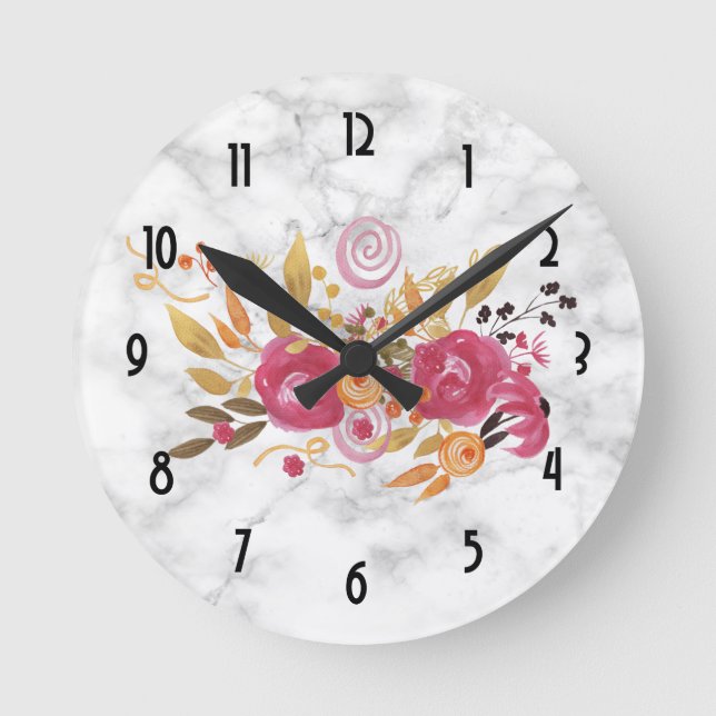 Pink and Orange Flower Bouquet on Marble Texture Round Clock (Front)