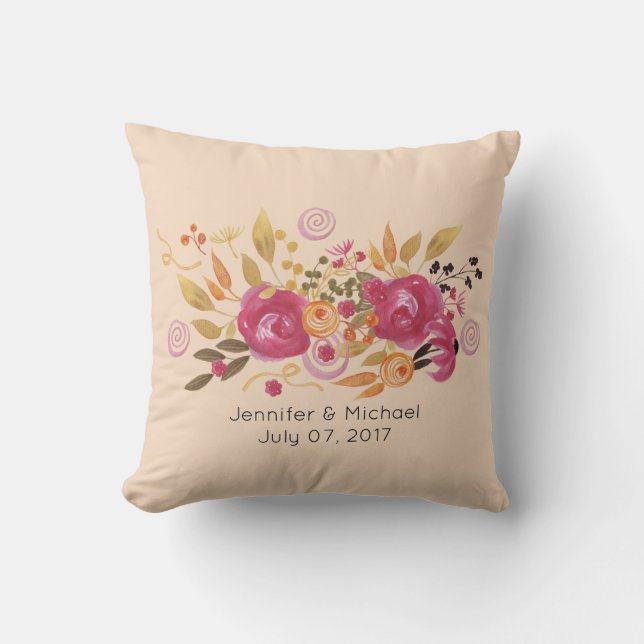 Pink and Orange Flower Bouquet on Peach Background Cushion (Front)