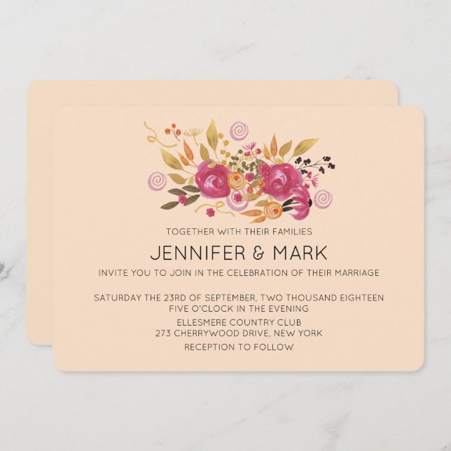 Pink and Orange Flower Bouquet on Peach Background Invitation (Front/Back)