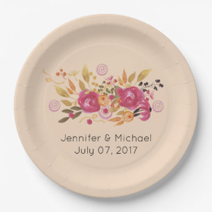 Pink and Orange Flower Bouquet on Peach Background Paper Plate