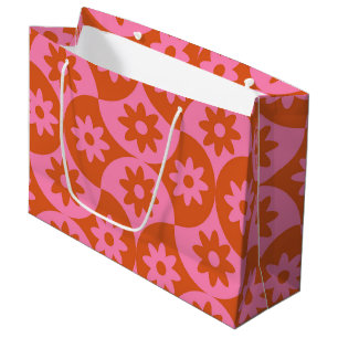 Pink and Orange Flowers on Mid Century Scallop  Large Gift Bag