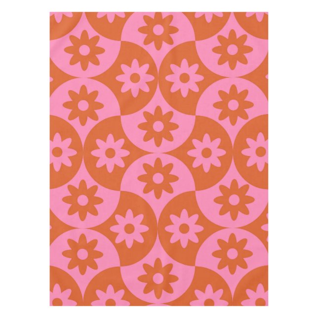 Pink and Orange Flowers on Mid Century Scallop  Tablecloth (Front)