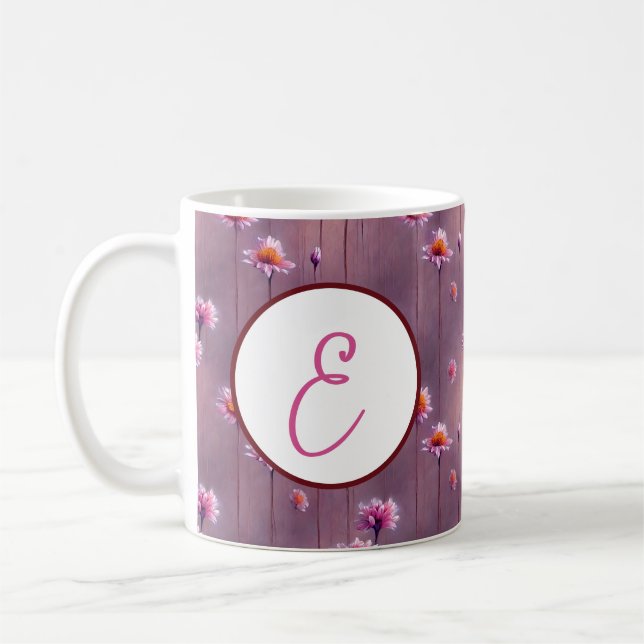 Pink and orange flowers pattern monogram coffee mug (Left)