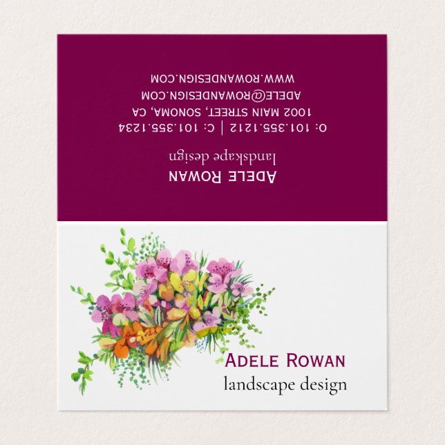 Pink and orange flowers watercolor painting business card (Outside Unfolded)