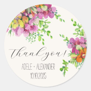 Pink and orange flowers watercolor painting classic round sticker