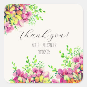 Pink and orange flowers watercolor painting square sticker