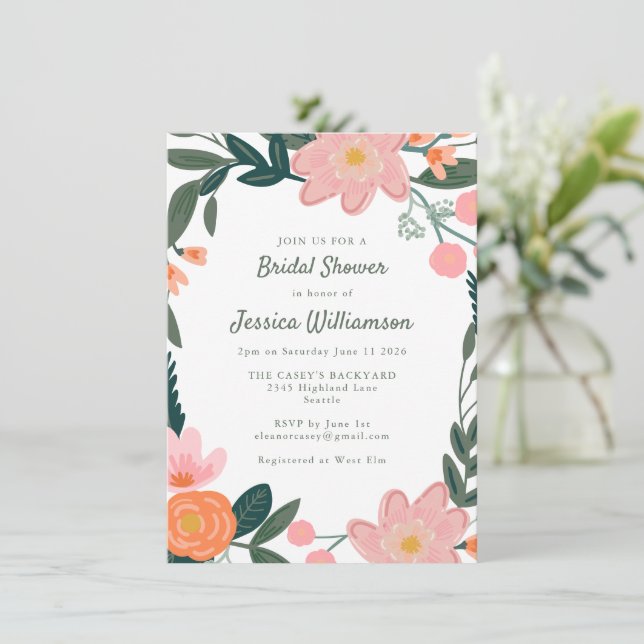Pink and Orange Garden Floral Wreath Bridal Shower Invitation (Standing Front)