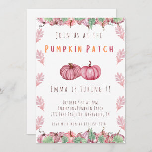 Pink And Orange Girls Pumpkin Patch Birthday Invitation