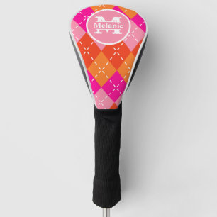 Pink and Orange Golfing Argyle Preppy Personalised Golf Head Cover