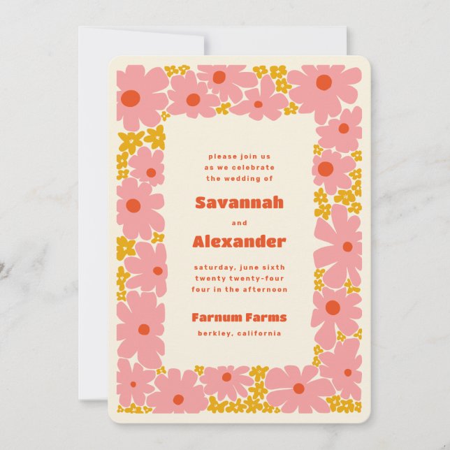 Pink and Orange Groovy Blooms Boho Wedding Invitation (Front)