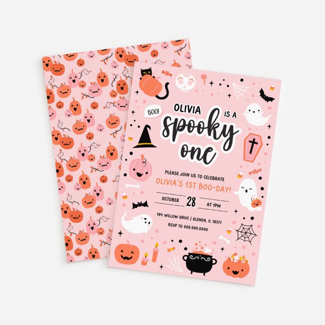 Pink and Orange Halloween 1st Birthday Invitation  (Creator Uploaded)