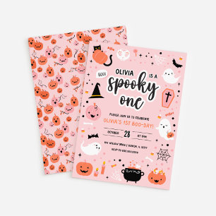 Pink and Orange Halloween 1st Birthday Invitation