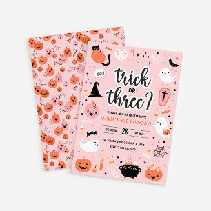 Pink and Orange Halloween 3rd Birthday Invitation 